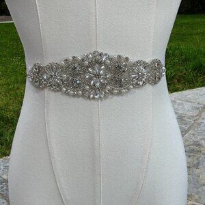 Bridal Rhinestone Pearl Sash Belt Wedding Crystal Tie Back Elegant Glam Accessor